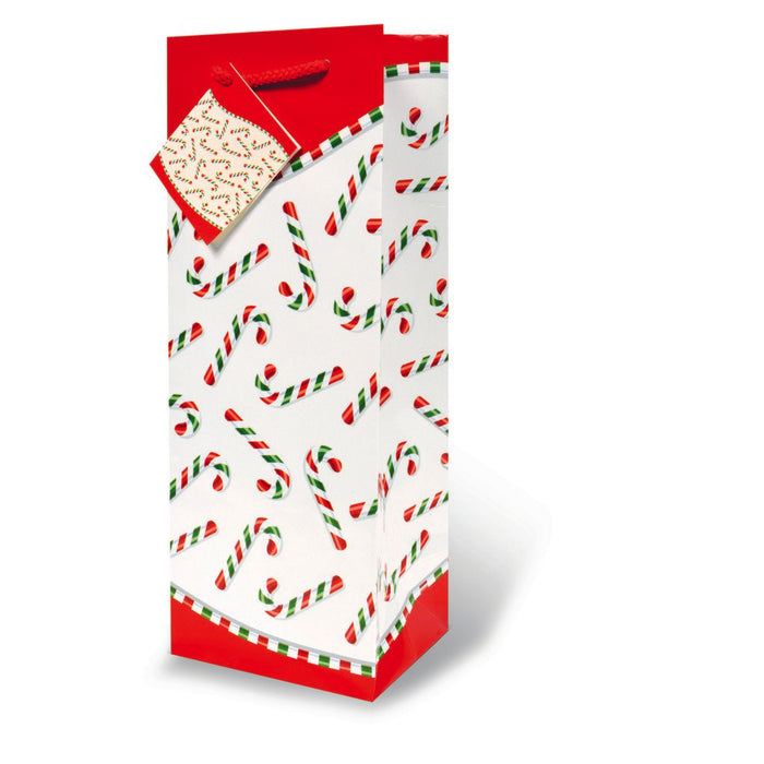 Printed Paper Wine Bottle Bag  - Candy Cane