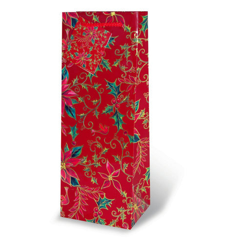 Printed Paper Wine Bottle Bag  - Red Holly & Poinsettia