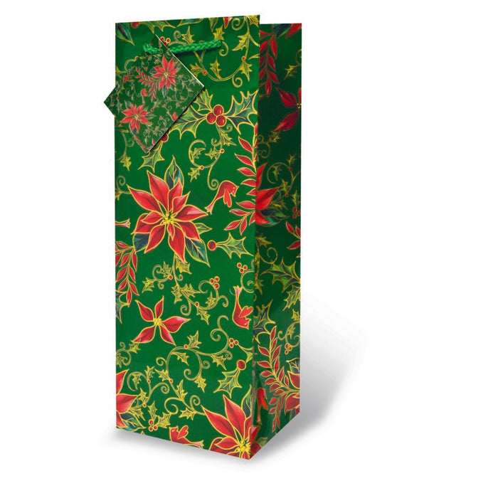 Printed Paper Wine Bottle Bag  - Green Holly & Poinsettia