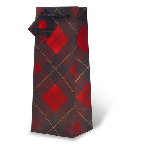 Printed Paper Wine Bottle Bag  - Tartan