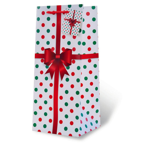 Printed Paper Wine Bottle Bag  - Holiday Polka Dots