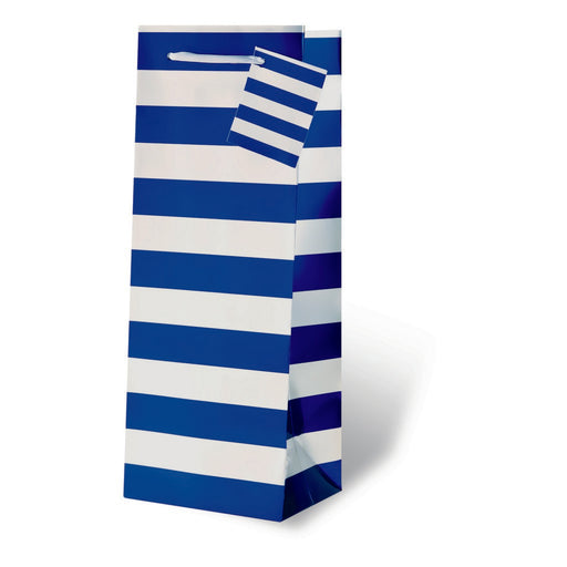 Printed Paper Wine Bottle Bag  - Blue and Silver Stripes