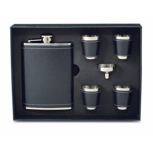 Stainless Steel and Faux Black Leather Flask Gift Set
