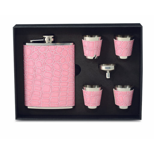 Stainless Steel and Faux Pink Leather Flask Gift Set
