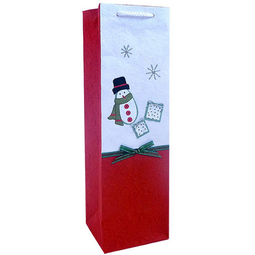 Handmade Paper Wine Bottle Bag - Snowman