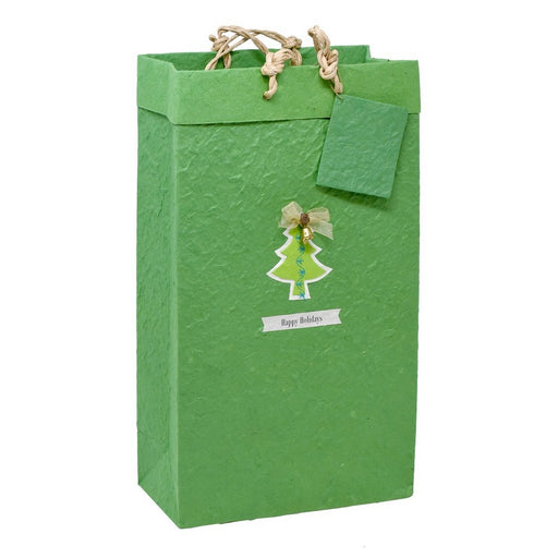 2 Bottle Handmade Paper Wine Bottle Bag  - Green Tree