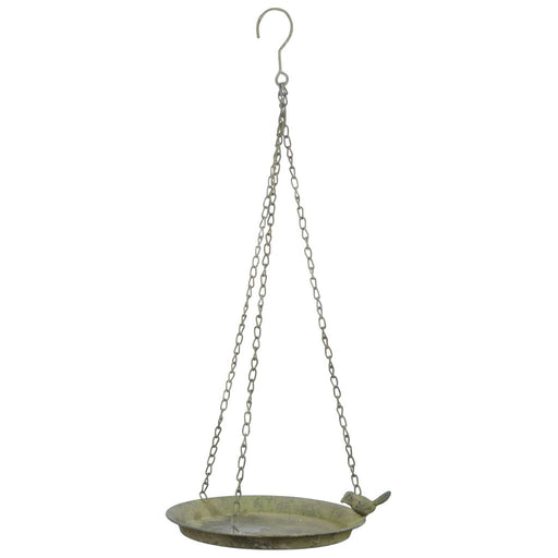 Aged Metal Hanging Bird Bath w/Bird Green