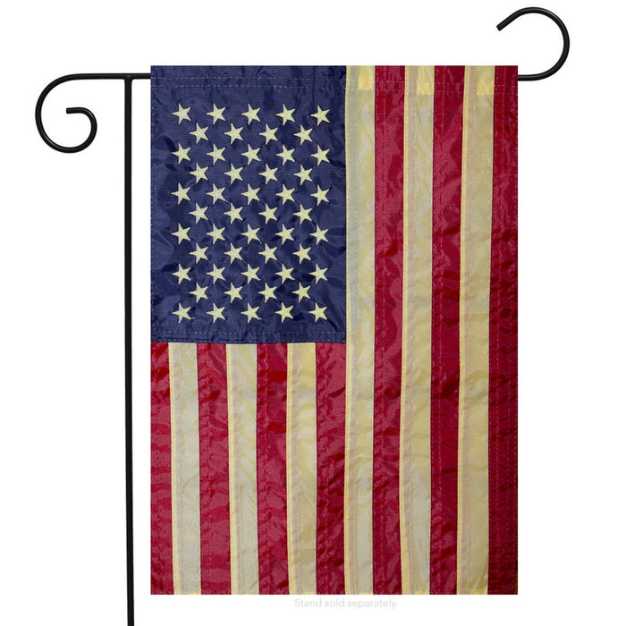 Tea Stained Embroidered American Flag Garden Flag