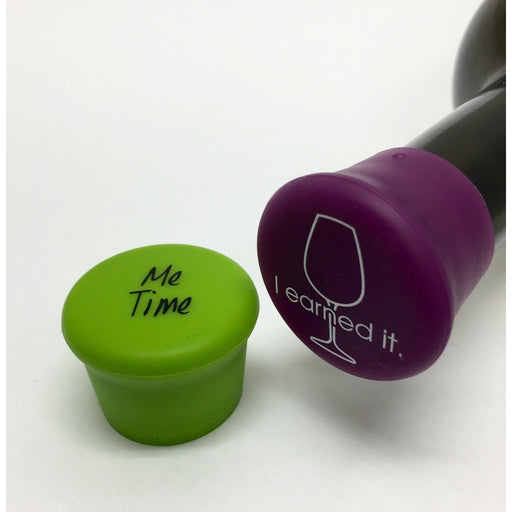 Me Time (Green) & I Earned It (Purple) Reusable Silicone Wine Bottle Cap