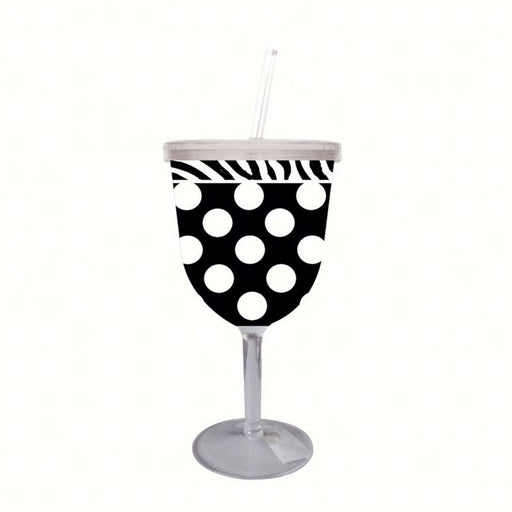 Insulated Acrylic Stemware with Straw. Black Polka Dots