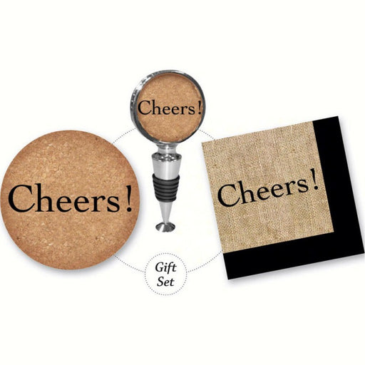 Cheers Cork It Up! Gift Set Includes Wine Stopper, Coaster, Napkins