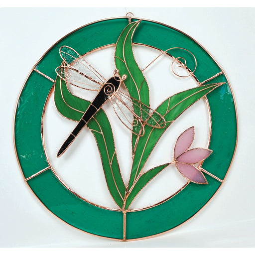 Stained Glass Dragonfly Teal Circle Frame Window Panel