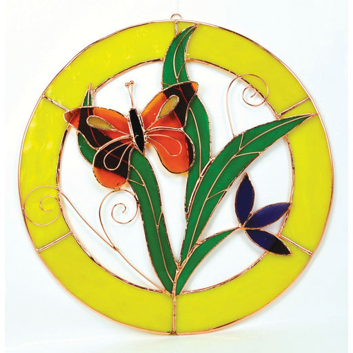Stained Glass Small Orange Butterfly Circle Window Panel