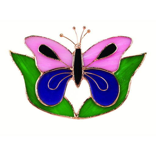 Stained Glass Pink & Purple Butterfly withLeaves Suncatcher