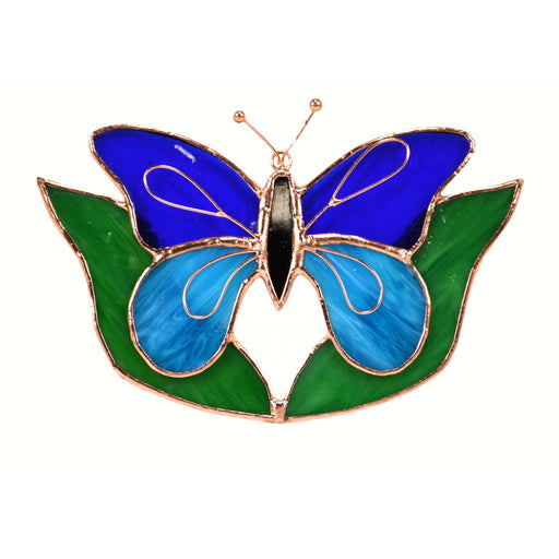 Stained Glass Dark & Light Blue Butterfly w/Leaves Suncatcher