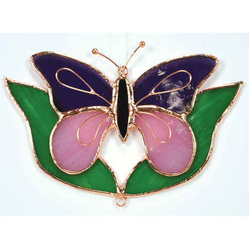 Stained Glass Purple & Pink Butterfly with Leaves Suncatcher