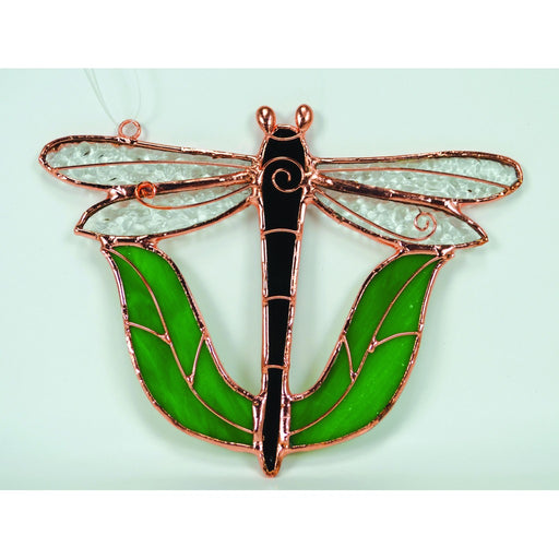 Stained Glass Black Dragonfly with Leaves Suncatcher