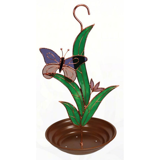Stained Glass Purple Butterfly with Leaves Bird Feeder
