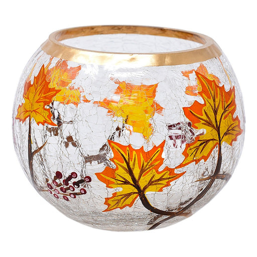 6" Crackle Glass Fall Leaves Globe Candle Holder