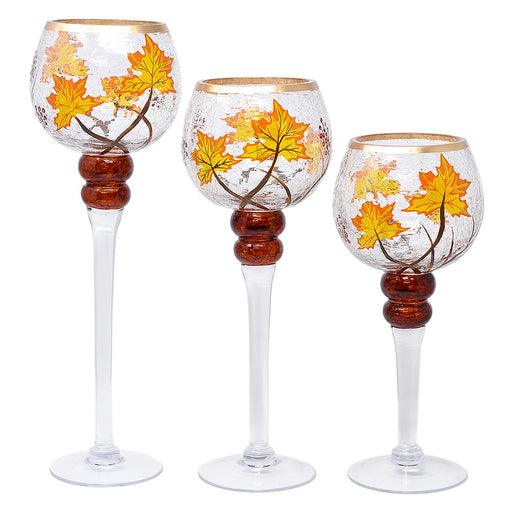 3pc Crackle Glass Stemmed Globe Candle Holders with Fall Leaves
