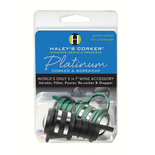 Haleys Corker 5 in 1 Wine Tool Platinum Combo 1 Black Corker plus 1 Green Screwcap Clamshell