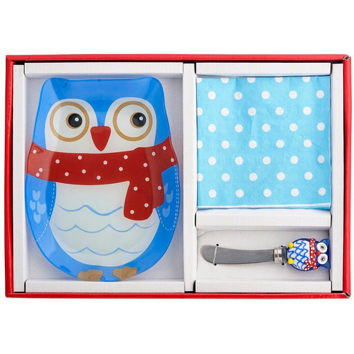 Owl Hostess Set- Includes Glass Serving Plate, Glass Spreader and Napkins