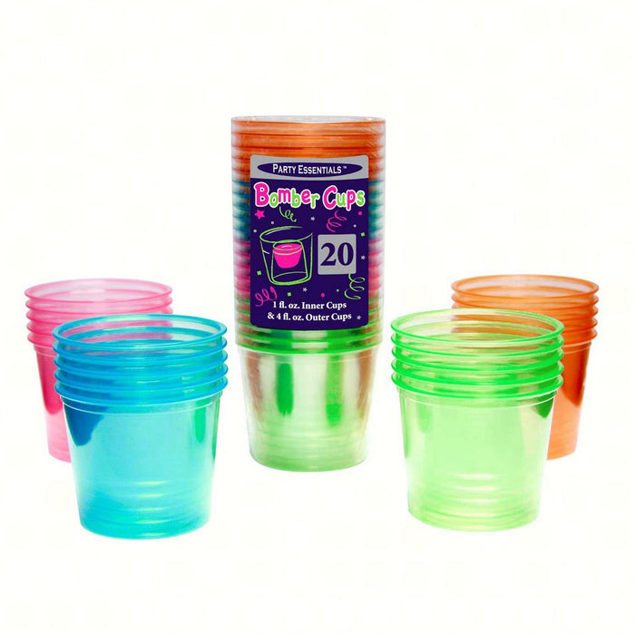 4 oz Bomber Cups. Assorted Neon Soft Plastic 20 ct