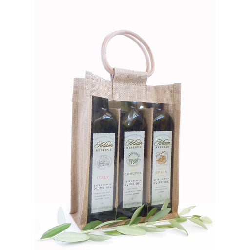 3 Bottle Jute Olive Oil Bottle Bag - Natural with Windows