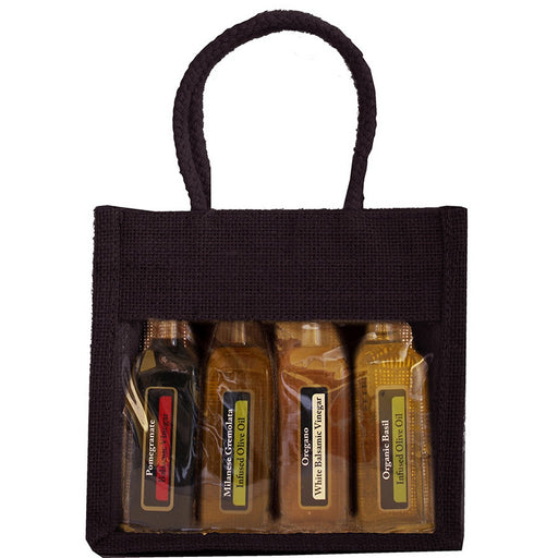 4 Bottle Jute Olive Oil Bottle Bag - Black Sampler with Windows
