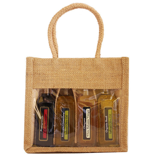 4 Bottle Jute Olive Oil Bottle Bag - Natural Sampler with Windows