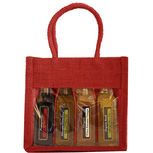 4 Bottle Jute Olive Oil Bottle Bag - Red Sampler with Windows