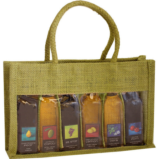 6 Bottle Jute Olive Oil Bottle Bag - Olive Sampler with Windows