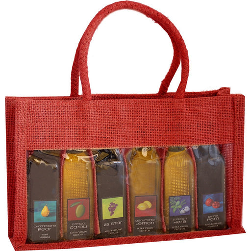 6 Bottle Jute Olive Oil Bottle Bag - Red Sampler with Windows