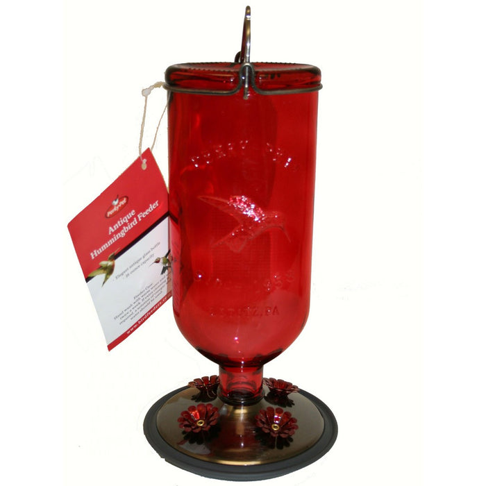 16 oz Elegant Antique Glass Bottle Hummingbird Feeder Red