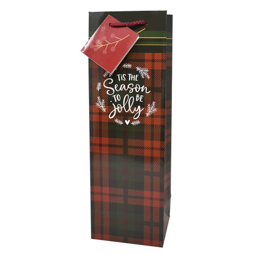 Printed Paper Wine Bottle Bag  - Christmas Flannel