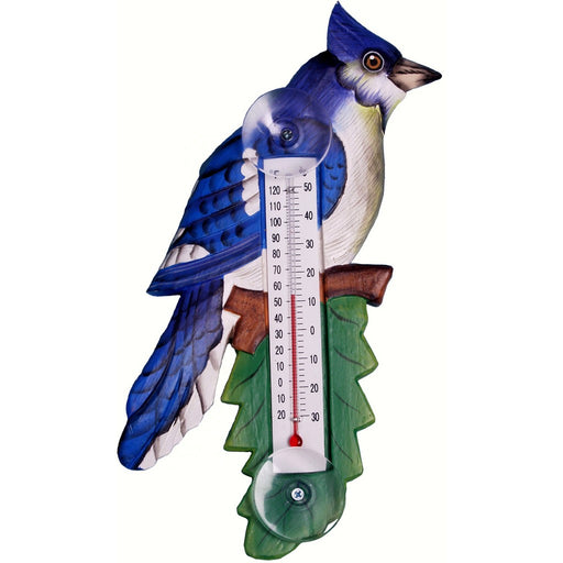 Blue Jay on Branch Small Window Thermometer