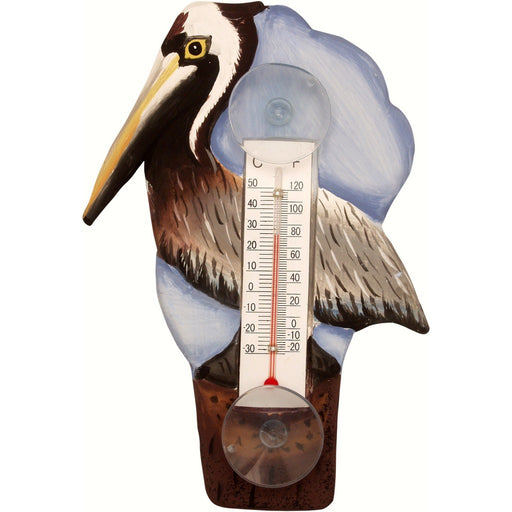 Brown Pelican on Pier Small Window Thermometer