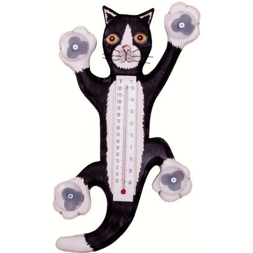 Climbing Black & White Cat Small Window Thermometer