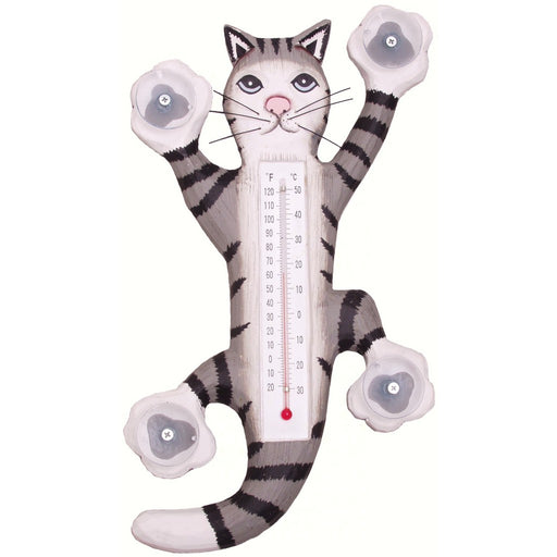 Climbing Grey Tabby Cat Small Window Thermometer
