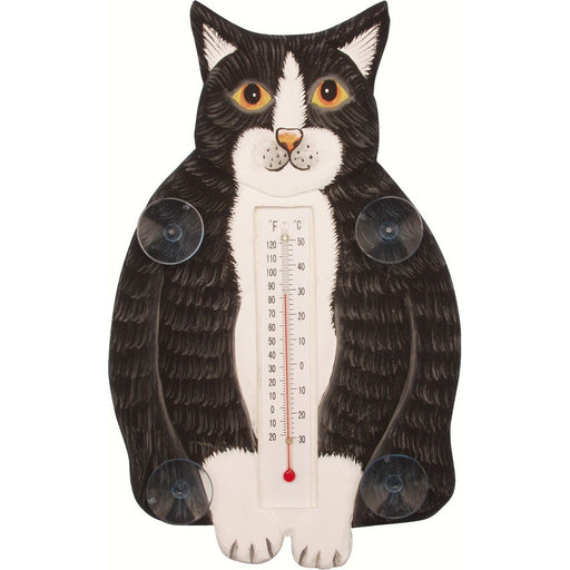 Fat Black & White Cat Small Window Thermometer