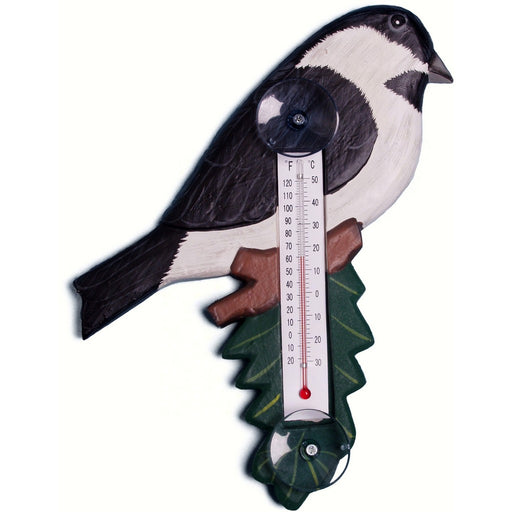 Chickadee on Branch Large Window Thermometer