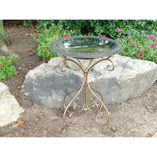 Green Fiber Clay Birdbath with Metal Base