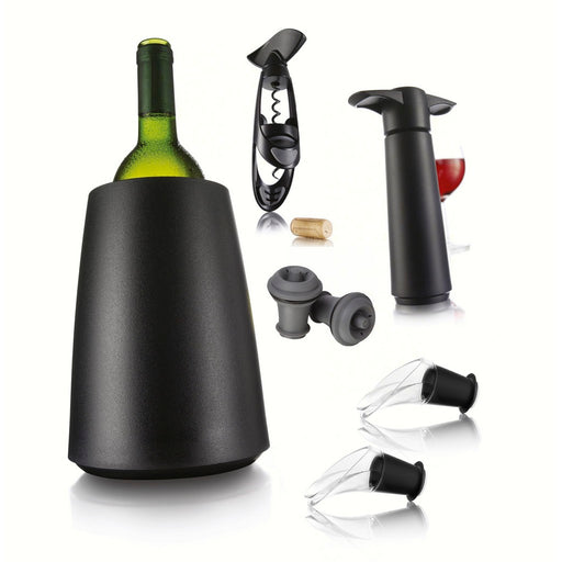 7 Piece Wine Set (1 Elegant Black Wine Cooler, 1 Black Wine Saver Pump, 1 Black Corkscrew Twister, 2
