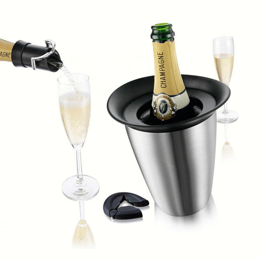 3 Piece Champagne Set (Active Champagne Cooler in Stainless Steel, Bottle Opener, Champagne Saver)
