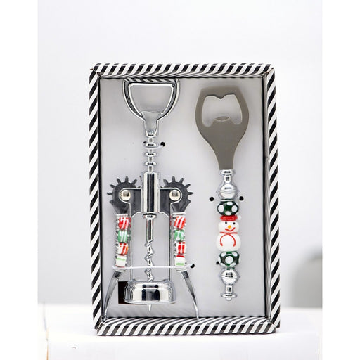 Corkscrew & Bottle Stopper Set - Holiday Beaded