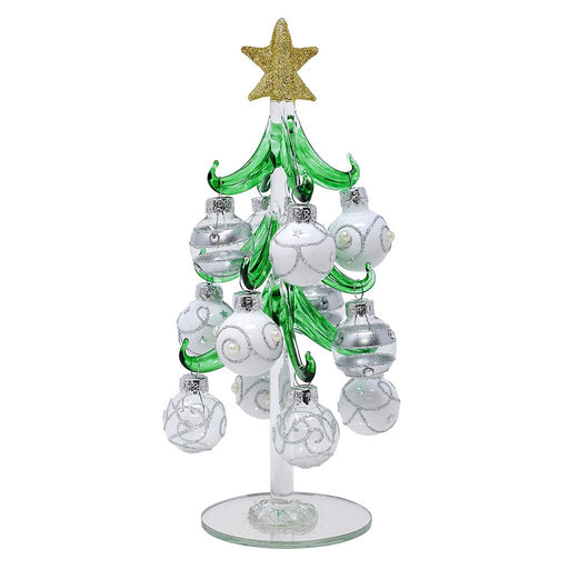 8" Green Tree with Silver and White Ornaments