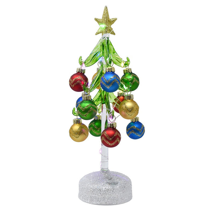 8" Green LED Tree with Zig Zag Giltter Ornaments